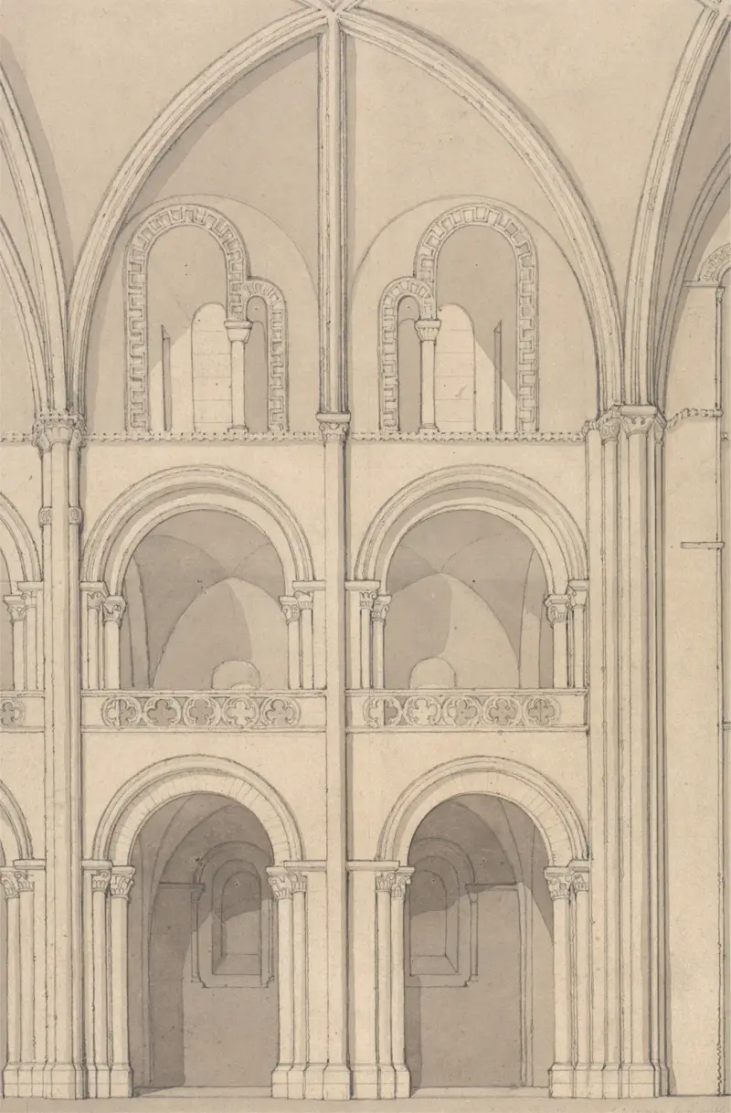 Perspektivisk uppställning av en del av klosterkyrkan Saint-Étienne i Caen, Normandie av John Sell Cotman