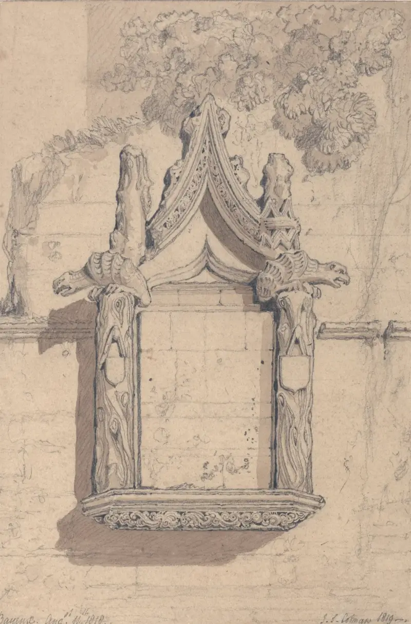 Skulptur på ett hus på norra sidan av katedralen i Bayeux av John Sell Cotman
