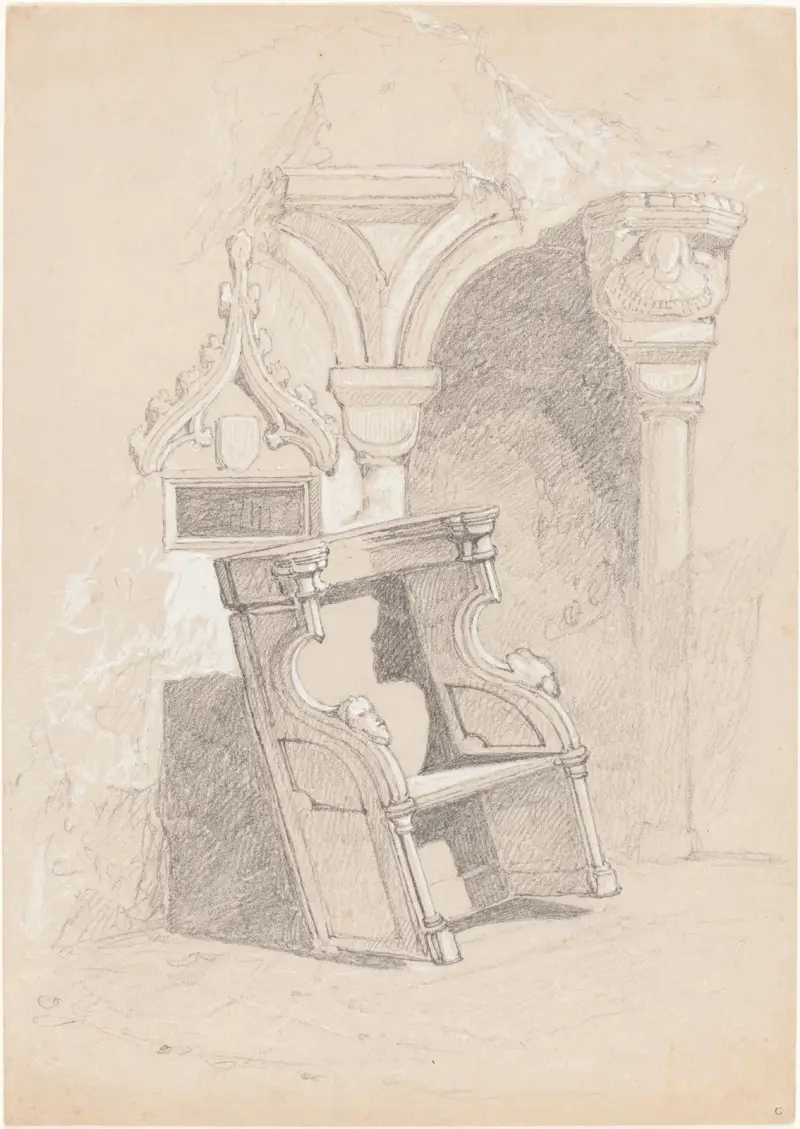 Skiss av kyrkoruin med stol av John Sell Cotman