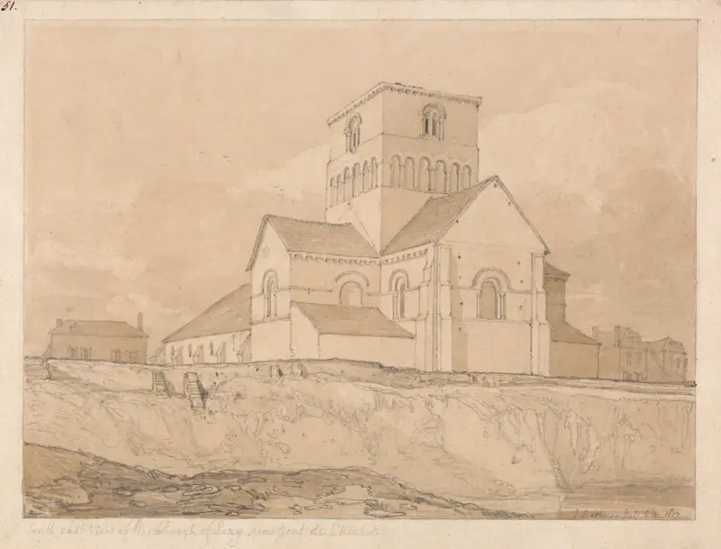 Sydöstlig vy av kyrkan i Lery, nära Pont-de-l’Arche, Normandie av John Sell Cotman