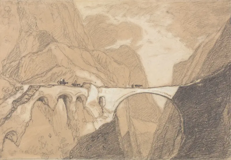 Resenärer korsar en bro över en alpkluft av John Sell Cotman