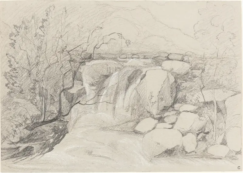 Vattenfall med klippor av John Sell Cotman