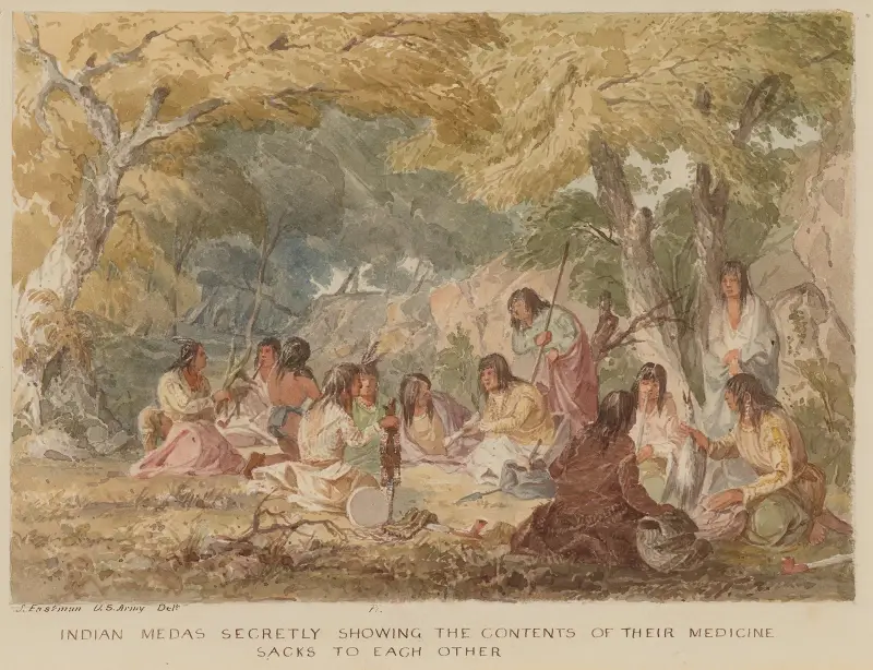 Indian Medas Secretly Showing the Contents of their Medicine Sacks to Each Other av Seth Eastman