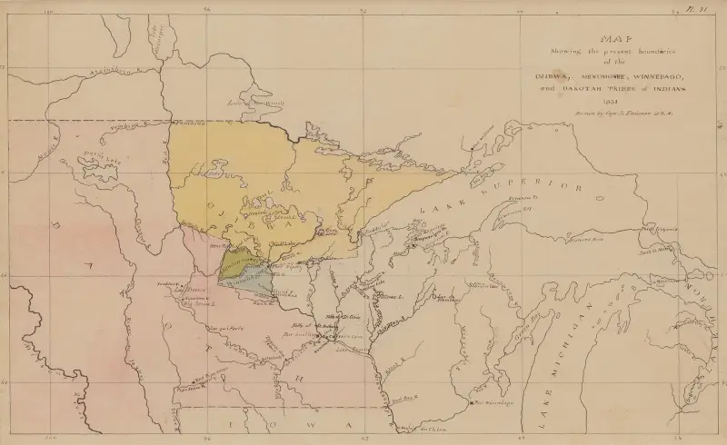 Map Showing the Present Boundaries of the Ojibwa, Menomonee, Winnebago, and Dakotah Tribes of Indians 1851 av Seth Eastman