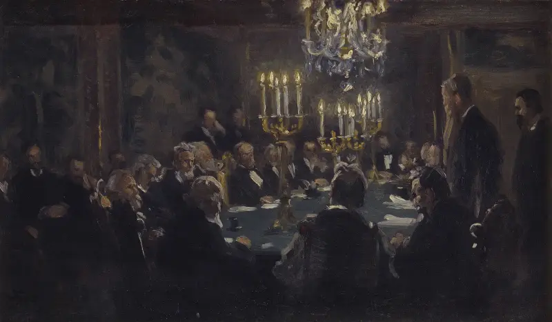 Kompositionsskitse til ‘Et Møde i Videnskabernes Selskab’ i Videnskabernes Selskab av Peder Severin Krøyer