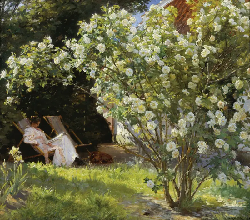 Roses. Marie Krøyer seated in the deckchair in the garden by Mrs Bendsen’s house av Peder Severin Krøyer