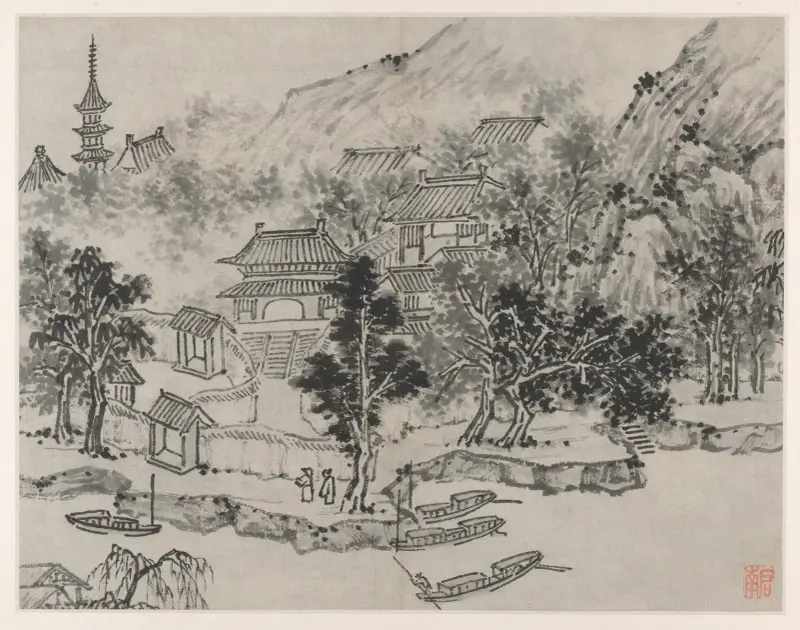 Distant View of Tiger Hill from the Canal Mooring, from Twelve Views of Tiger Hill, Suzhou av Shen Zhou