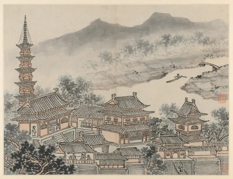 The Thousand Buddha Hall and the Pagoda of the ‘Cloudy Cliff’ Monastery av Shen Zhou