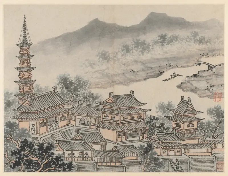 The Thousand Buddha Hall and the Pagoda of the ‘Cloudy Cliff’ Monastery, from Twelve Views of Tiger Hill, Suzhou av Shen Zhou