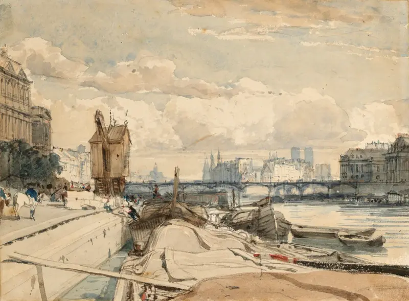 Utsikt över Pont des Arts och Île de la Cité från Quai du Louvre, Paris av Thomas Shotter Boys