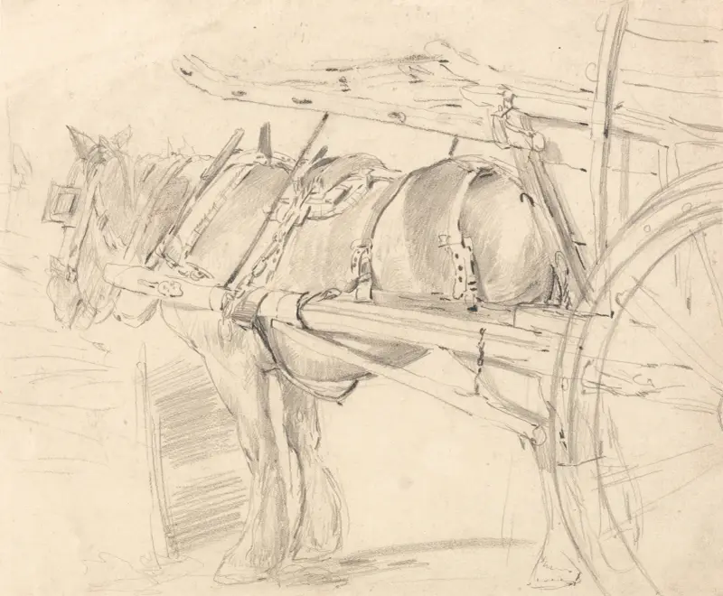 En lantbrukshäst spänd för en kärra, utförd vid eller nära Canterbury av Thomas Sidney Cooper