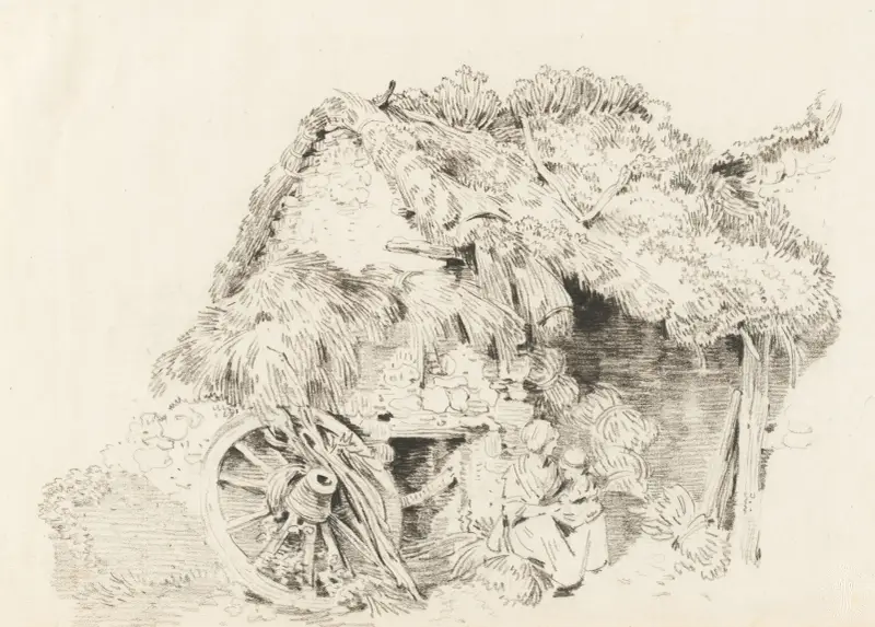Vue d’une maison avec un toit de chaume av Sigmund Freudenberger