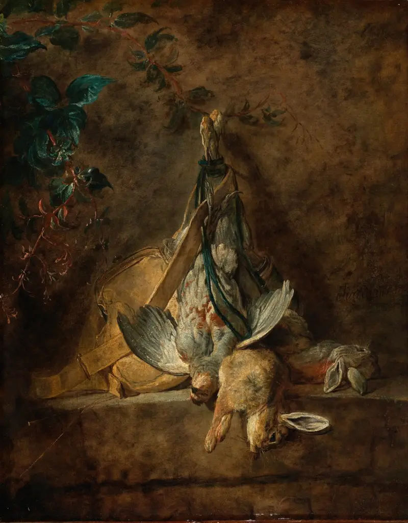 Stilleben med två harar, en grå rapphöna, jaktväska och kruthorn av Jean Siméon Chardin