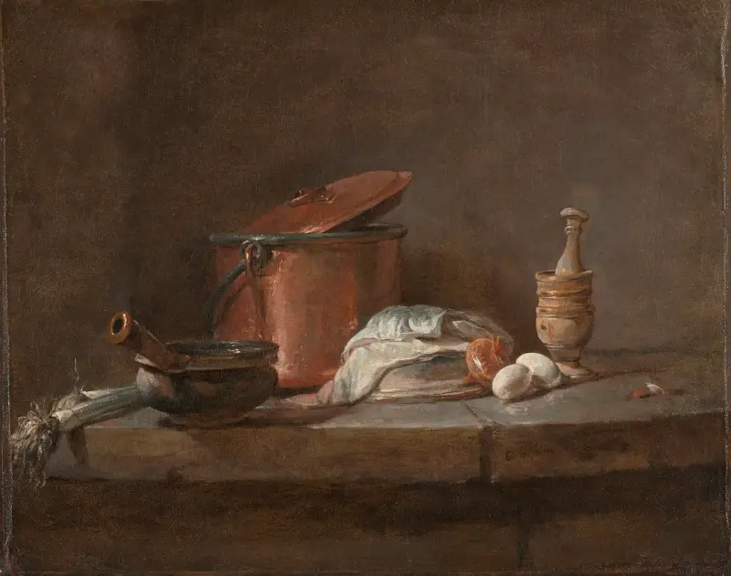 Kitchen Utensils with Leeks, Fish, and Eggs av Jean Siméon Chardin