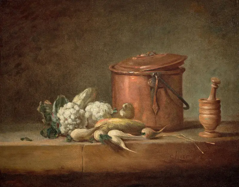 Koppargryta, blomkål och mortel med stöt i en stenbänk av Jean Siméon Chardin