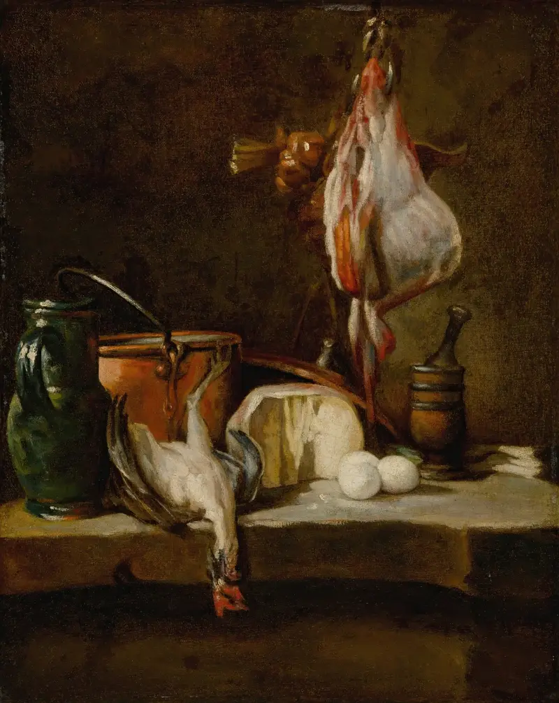 Stilleben med rocka, lökkorg, ägg, ost, grön kanna och kopparkärl av Jean Siméon Chardin