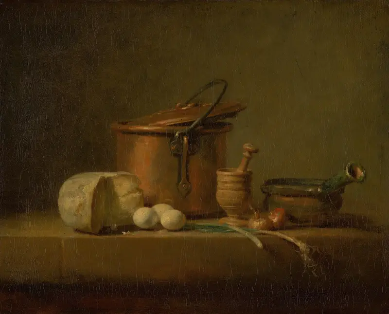 Still Life with Copper Pot, Cheese and Eggs av Jean Siméon Chardin