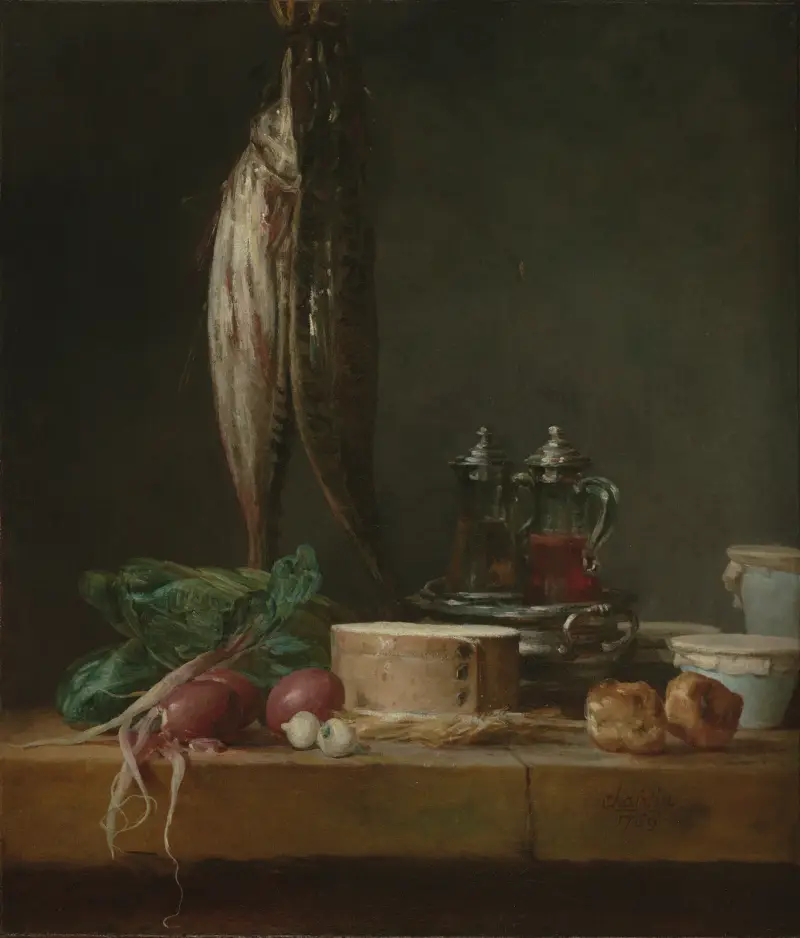 Still Life with Fish, Vegetables, Gougères, Pots, and Cruets on a Table av Jean Siméon Chardin