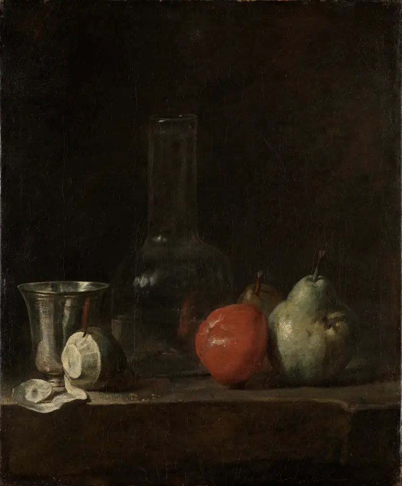 Still life with glass bottle and fruits av Jean Siméon Chardin