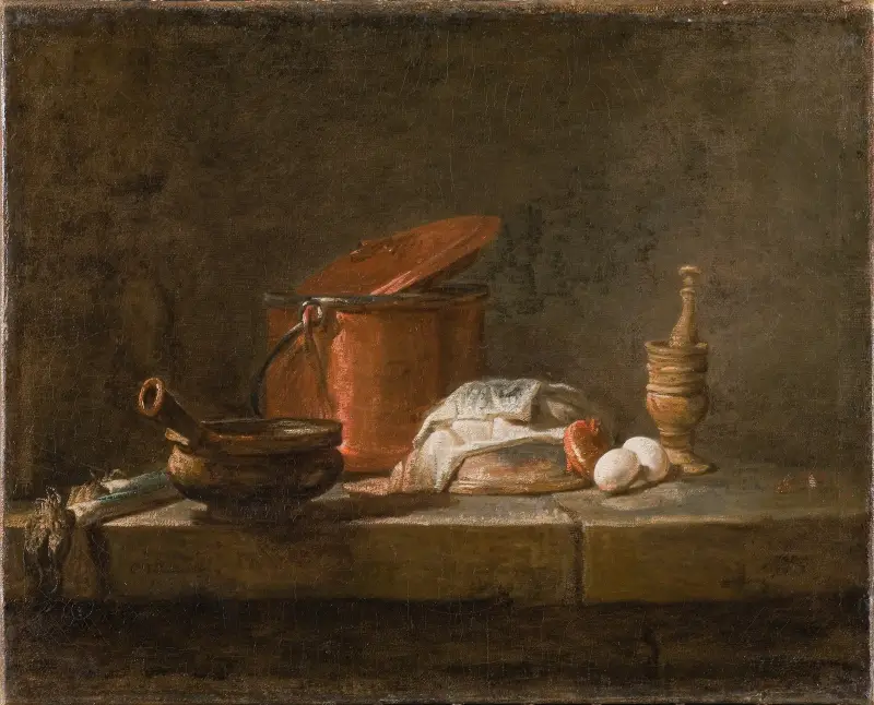 Stilleben med köksredskap och grönsaker av Jean Siméon Chardin