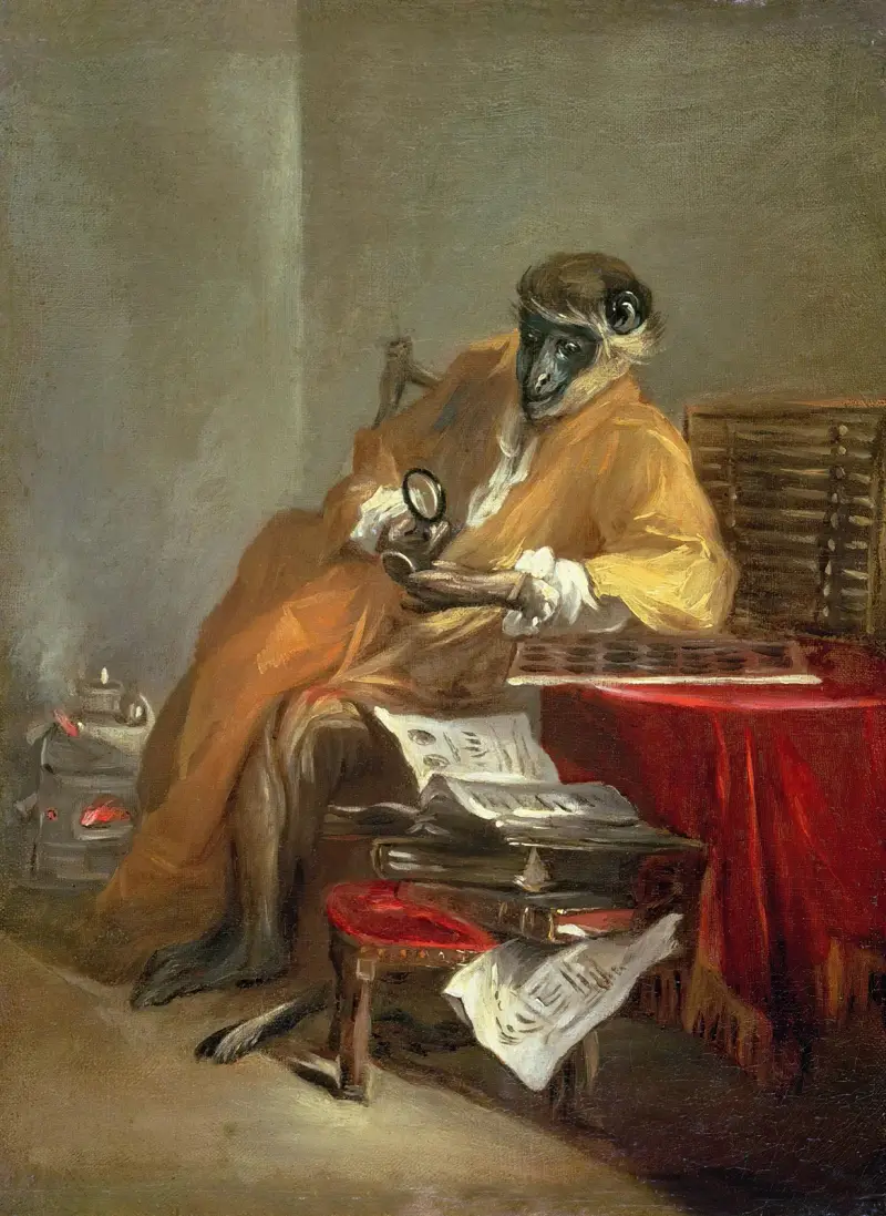 Apan som antikvariatsbesökare av Jean Siméon Chardin