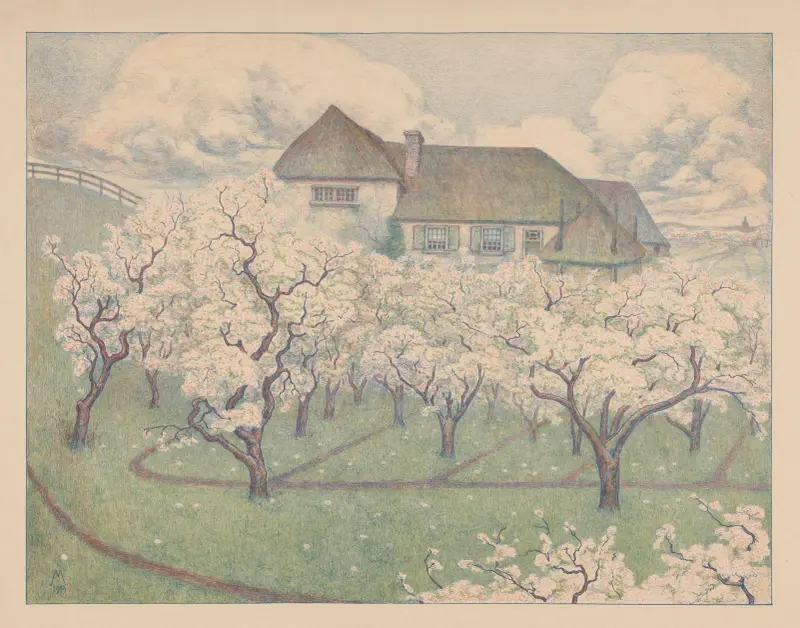 Gård med blommande fruktträdgård av Simon Moulijn