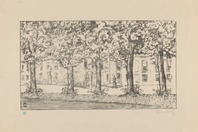 Gezicht op het bordes van Paleis Huis ten Bosch tussen een rij bomen Huis ten Bosch I av Simon Moulijn
