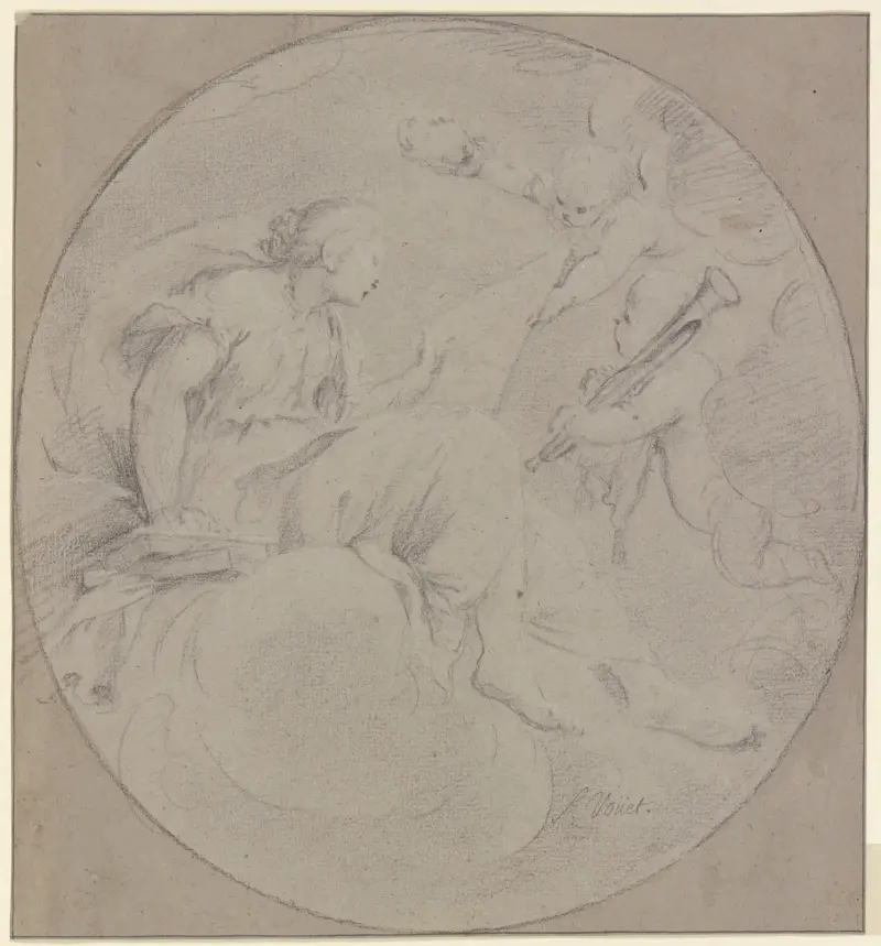 Die Muse der Musik mit zwei Genien, deren einer eine Trompete trägt av Simon Vouet