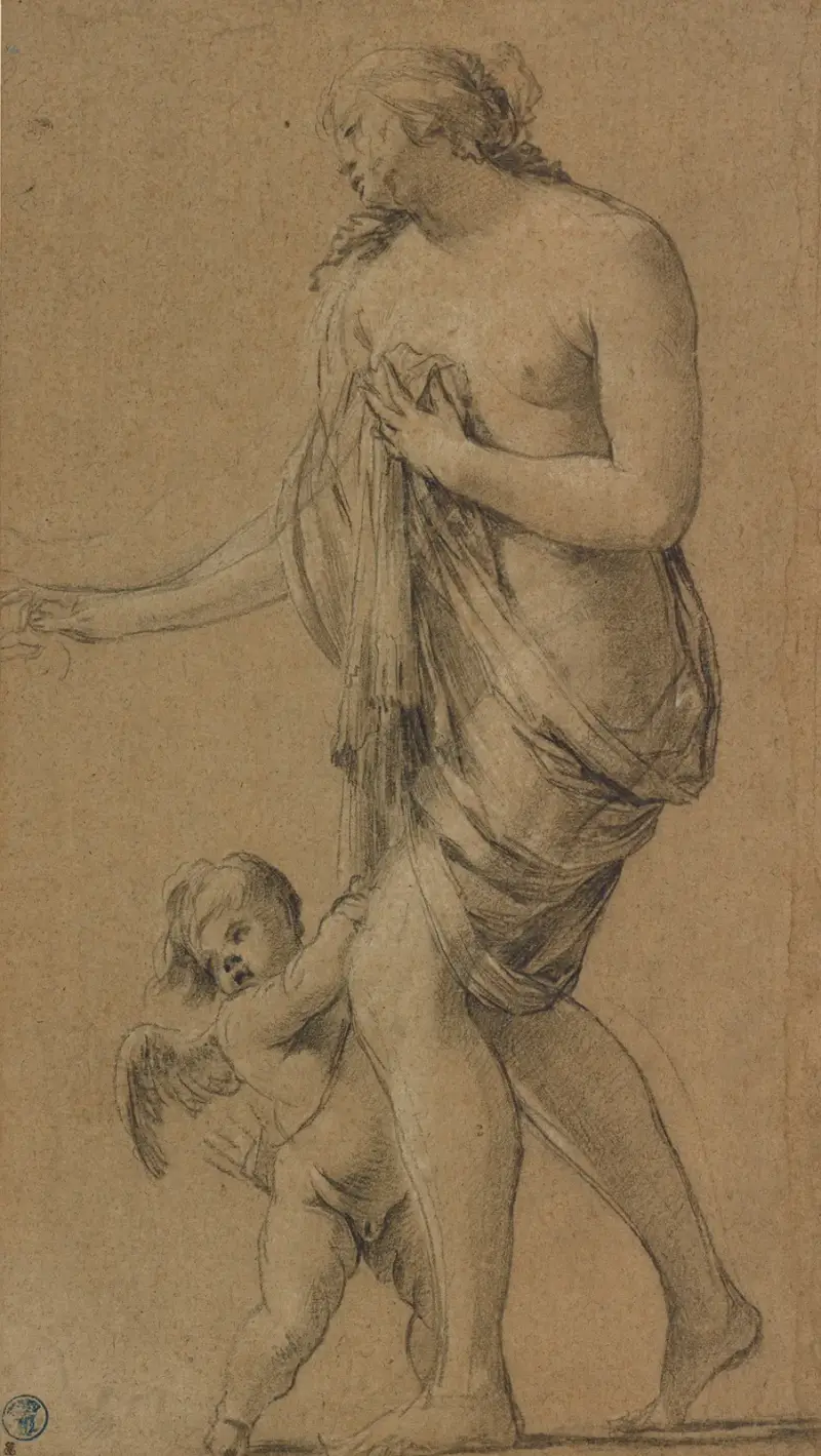 Studie einer weiblichen Figur mit Putto von Simon Vouet