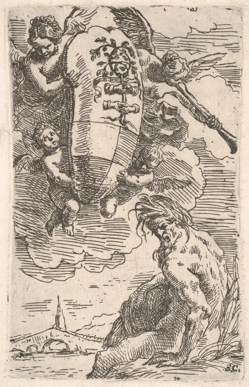 Allegory of the Foglia River and the city of Pesaro’s coat of arms, frontispiece for ‘Il Pesarese’ av Simone Cantarini