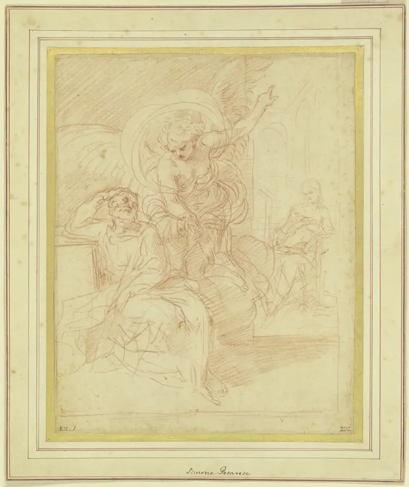 Der Engel erscheint dem Heiligen Joseph, um ihn zur Flucht nach Ägypten zu bewegen von Simone Cantarini
