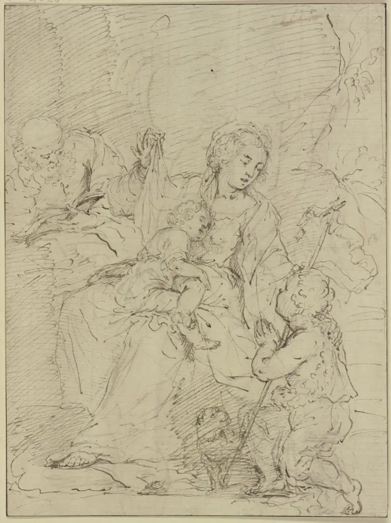 Die Heilige Familie, der Heilige Joseph liest in einem Buch, der Johannesknabe betet das Jesuskind an av Simone Cantarini