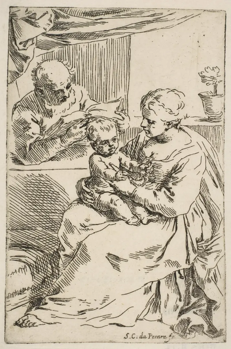Holy Family with a Rosary av Simone Cantarini