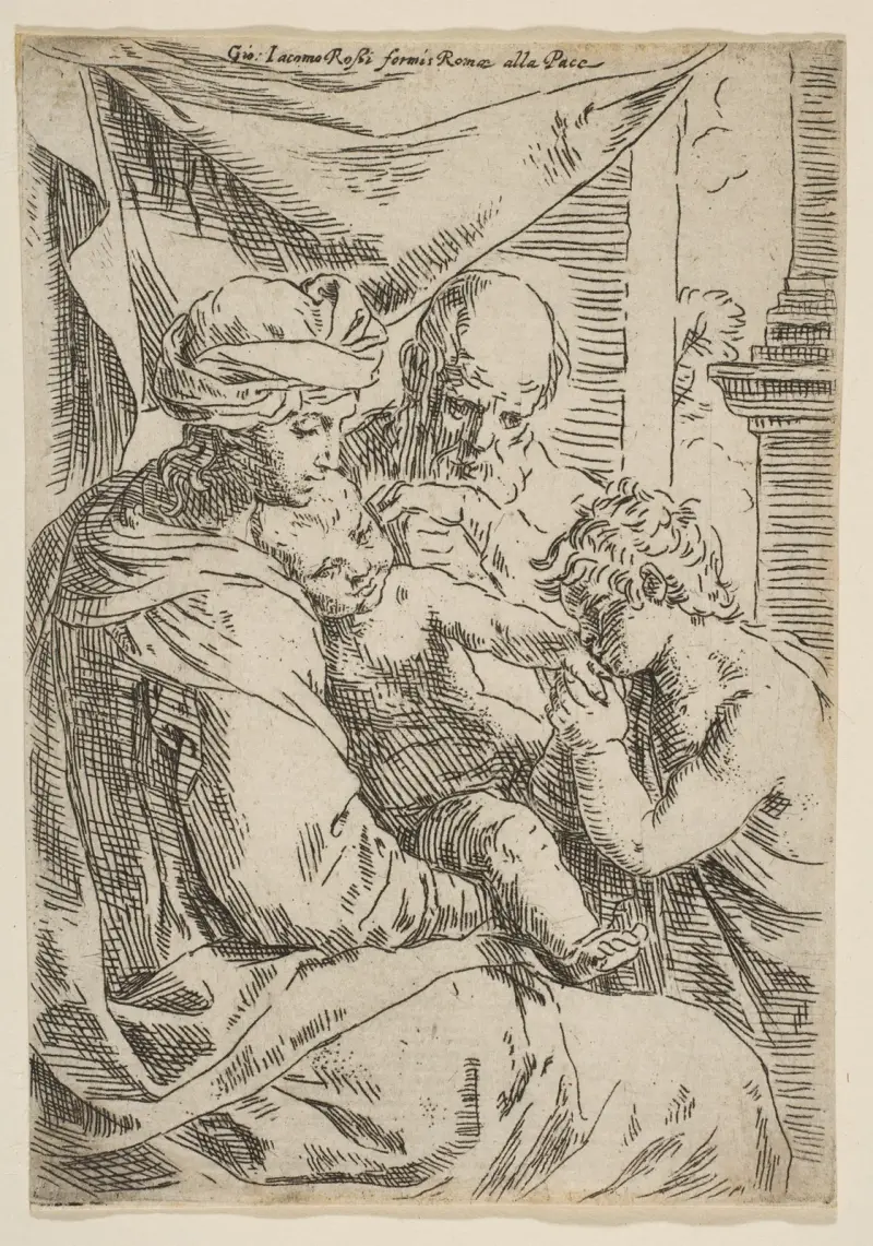 Holy Family with Saint John the Baptist kissing the infant Christ’s hand av Simone Cantarini