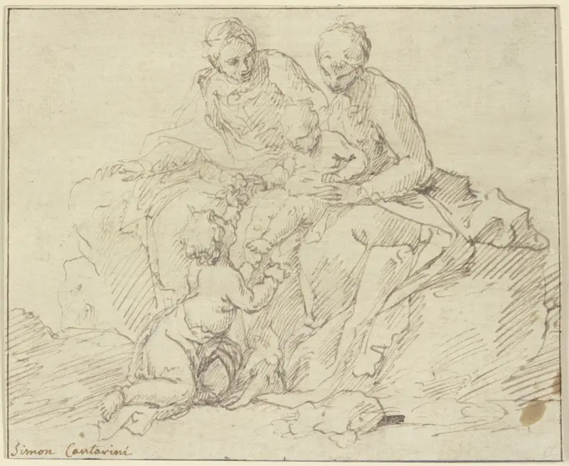 Maria och Elisabet med Jesusbarnet och Johannes Döparen som barn av Simone Cantarini