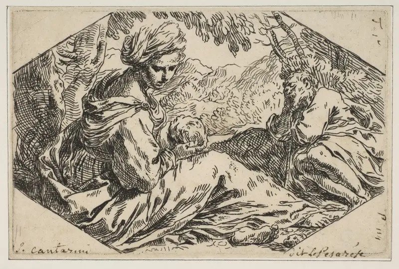 Repose in Egypt, Mary holding and looking at the infant Christ while St. Joseph sleeps av Simone Cantarini