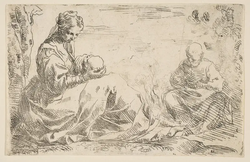 Rest on the flight into Egypt, Mary holding and looking at the infant Christ while St. Joseph reads av Simone Cantarini