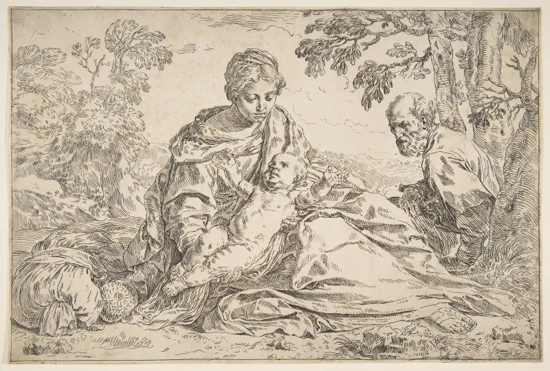 Rest on the flight into Egypt, Mary holding the infant Christ with St. Joseph at right av Simone Cantarini