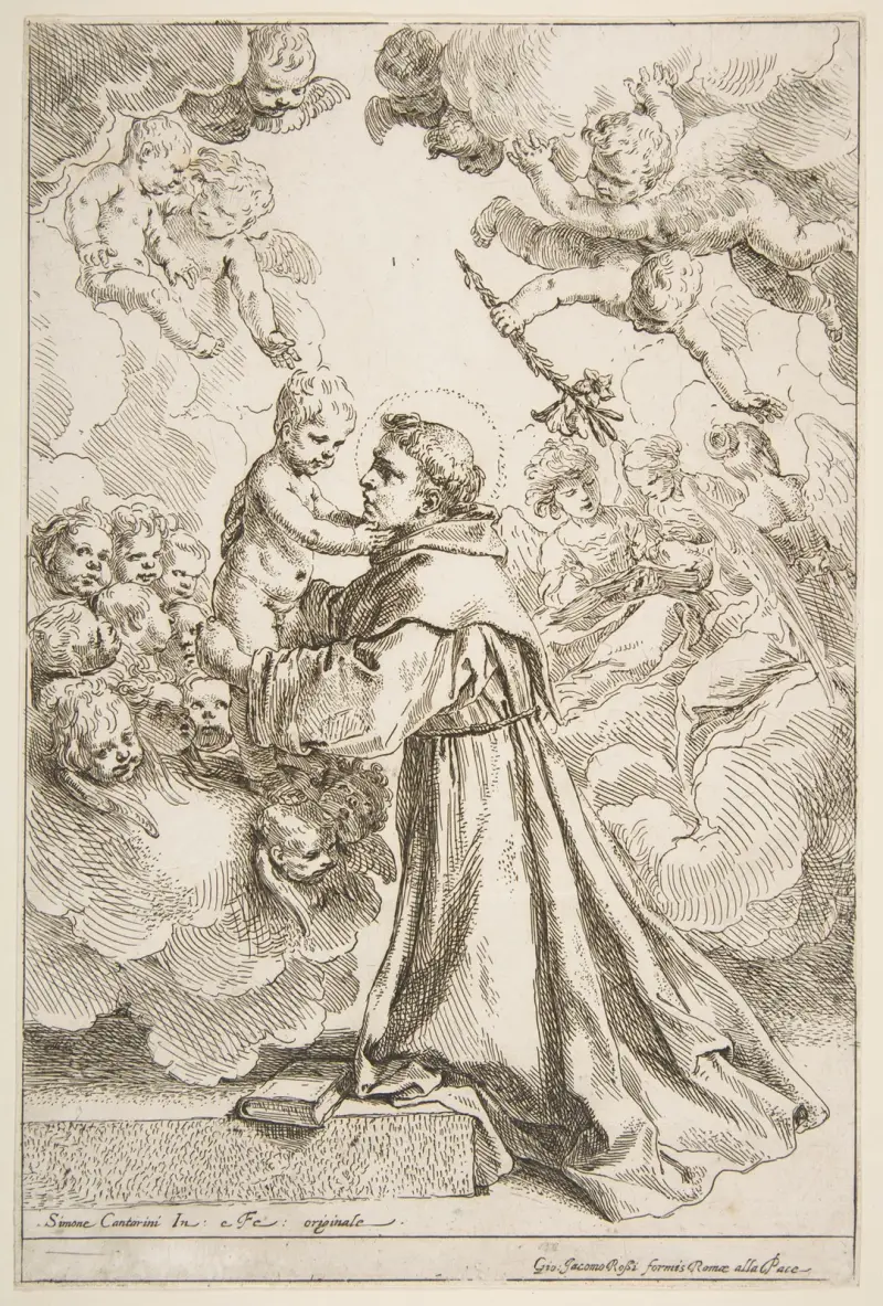 Saint Anthony of Padua adoring the Christ Child in Glory av Simone Cantarini