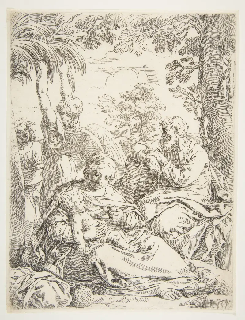 The Holy Family resting on their flight into Egypt av Simone Cantarini