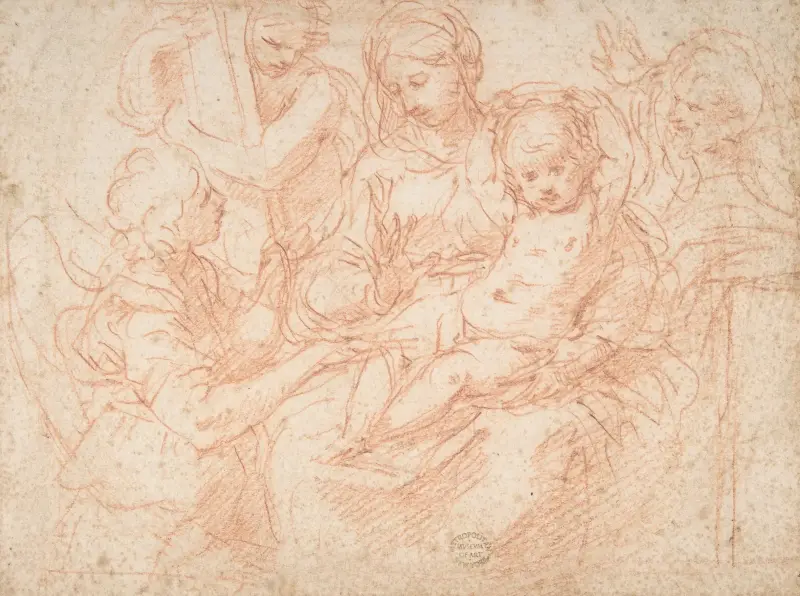 The Holy Family with Angels Bearing Symbols of the Passion av Simone Cantarini