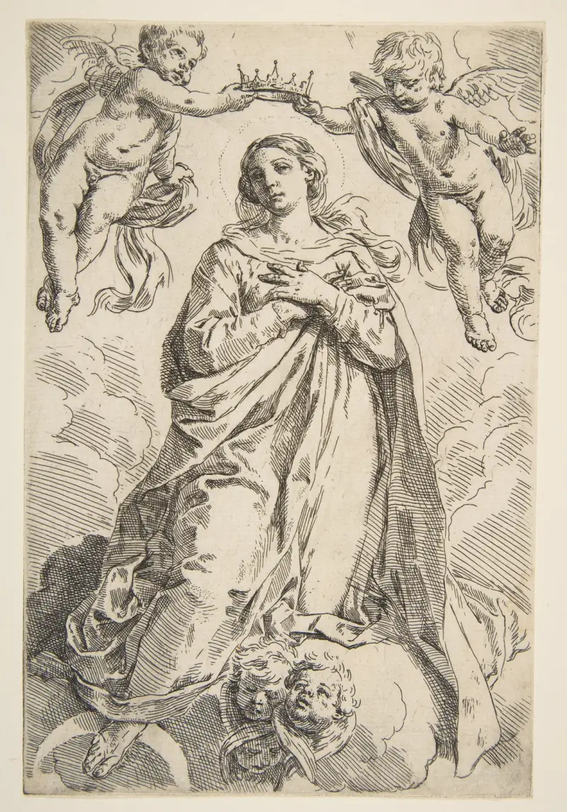 The Virgin being crowned by two angels av Simone Cantarini