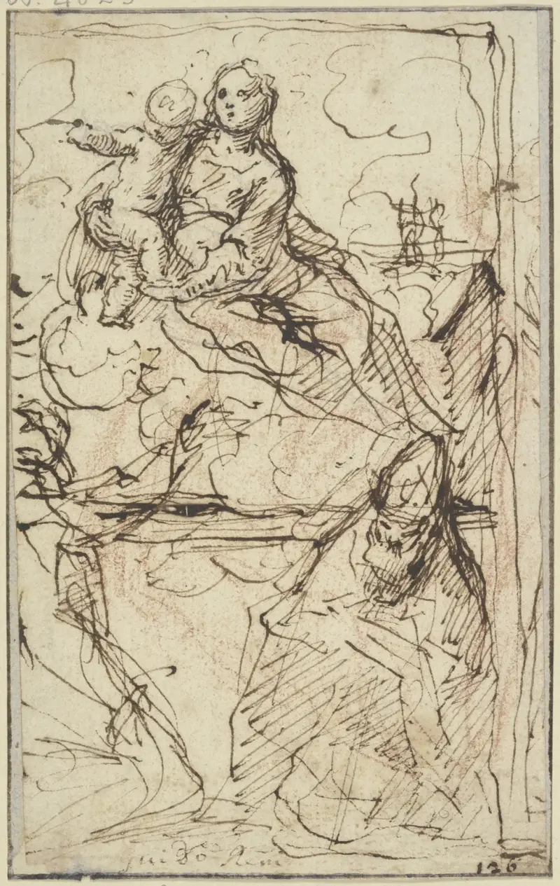 Thronende Madonna, vor ihr ein heiliger Bischof und ein weiterer Heiliger av Simone Cantarini