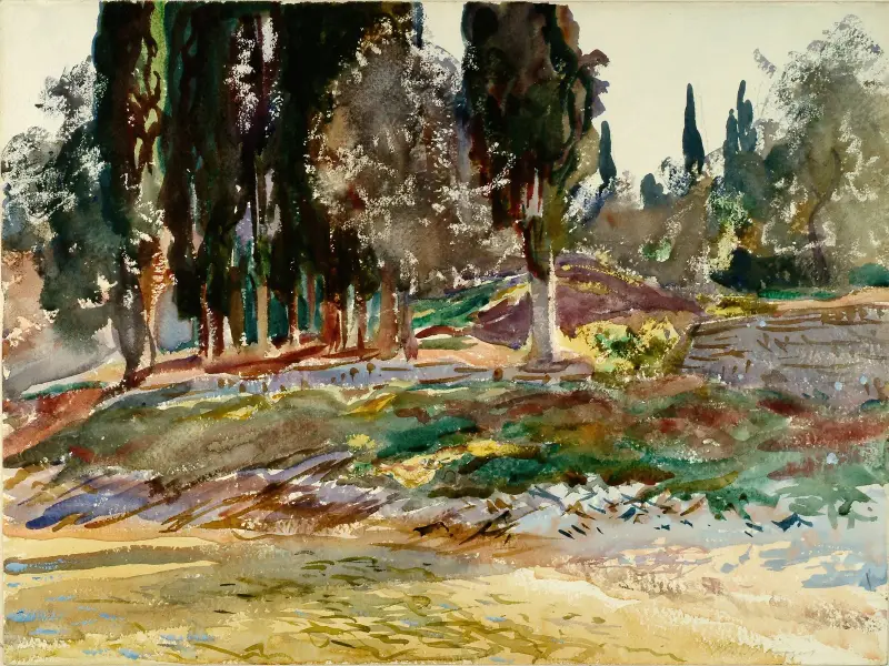 Cypress Trees at San Vigilio, Lake Garda av John Singer Sargent