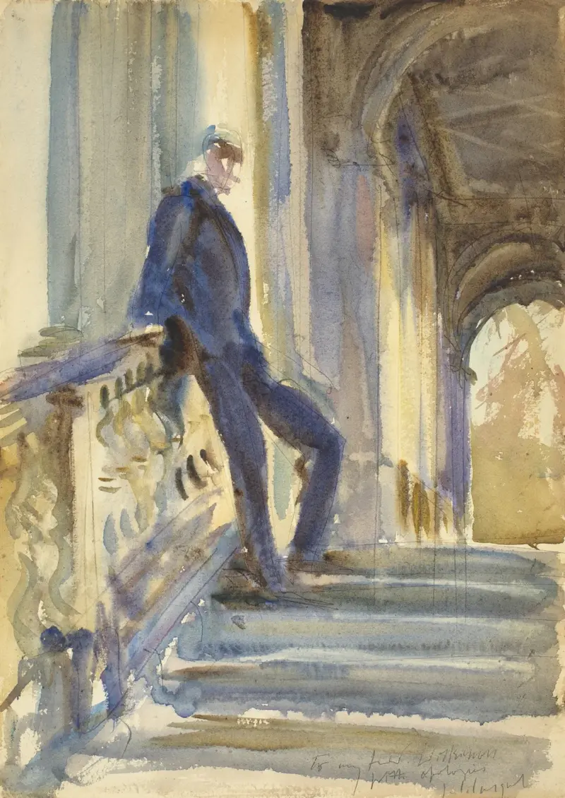 Sir Neville Wilkinson On The Steps Of The Palladian Bridge At Wilton House av John Singer Sargent