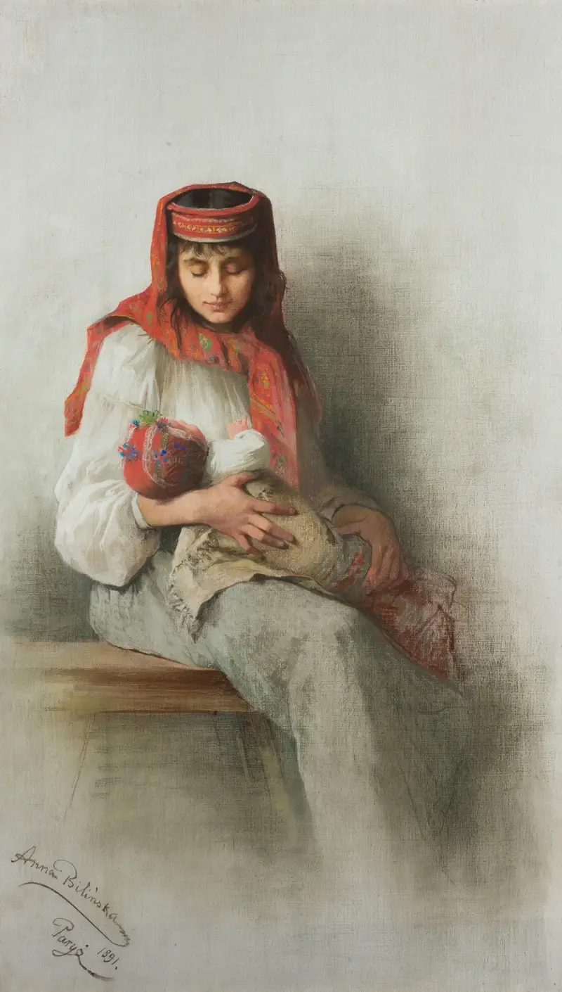Peasant woman and child av Anna Bilińska-Bohdanowicz