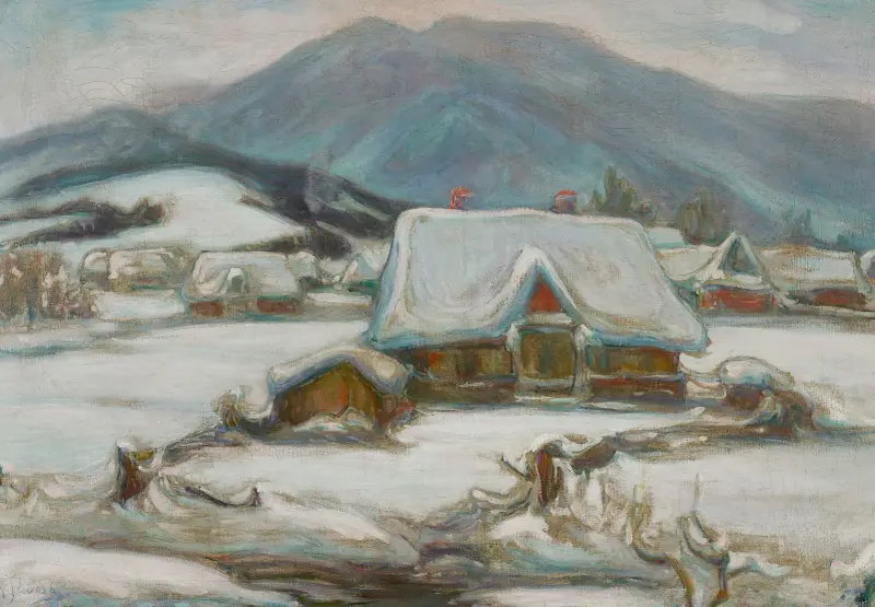 Häuser im Schnee von Władysław Ślewiński
