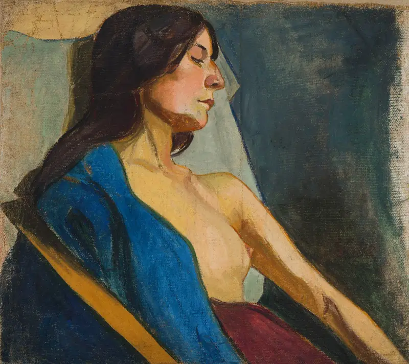 Female Semi-Nude in a Blue Scarf av Władysław Ślewiński