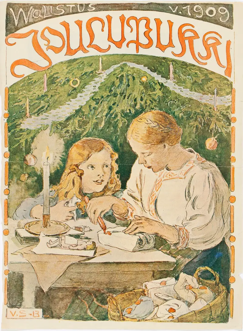 Mor och son (Antti) slår in julklappar av Venny Soldan-Brofeldt