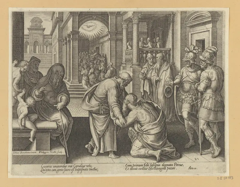 Cornelius klečí před Petrem, Jan van der Straet (Stradanus)